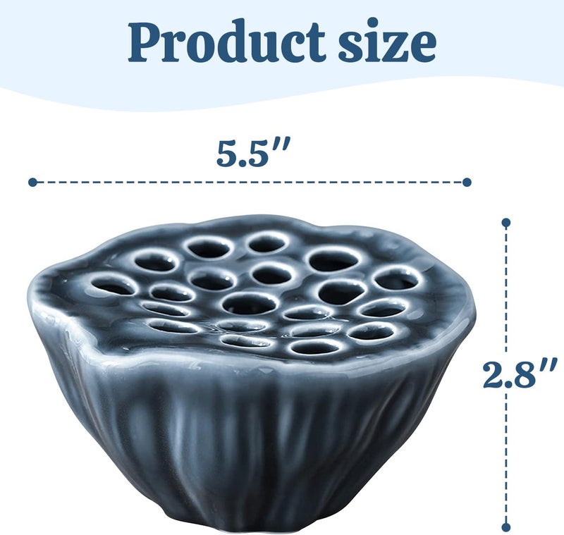 Eggone Lotus Pod Flower Arrangement Vase, Ceramic Flower Frog Pot, Ikebana Stem Holder, Decorative Flower Frog Container, Floral Arrangement Bowl for Tea Table, Ceramic Flower Vase Kenzan (Dark Blue) - Image 3
